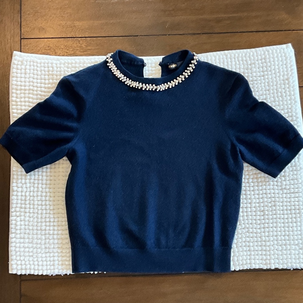 MAJE Navy Blue Short Sleeve Sweater with Pearl Detail